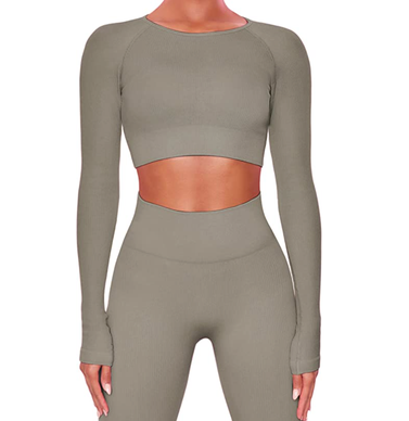 Long Sleeve Seamless Ribbed Crop Top High Waist Leggings